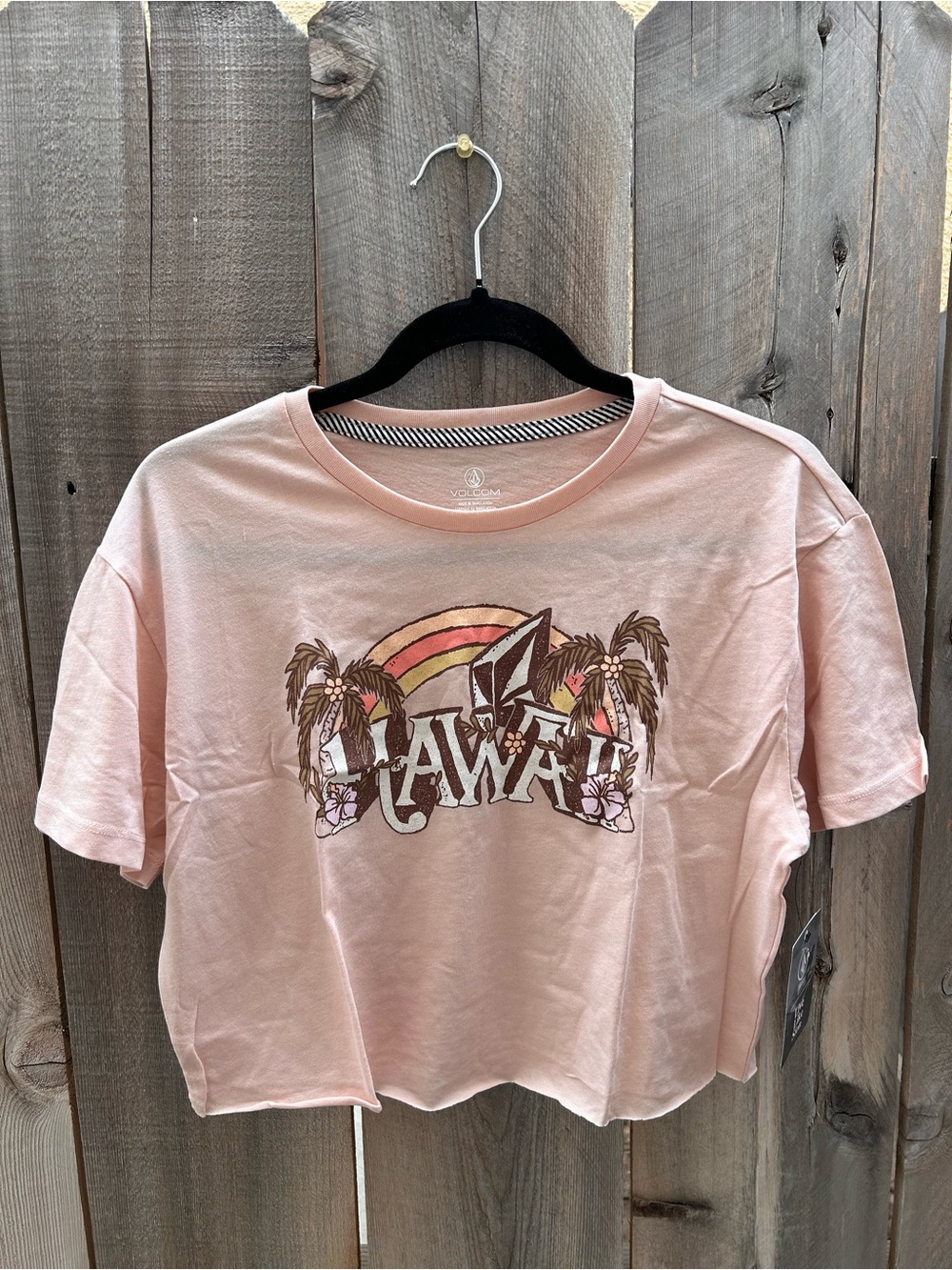 Volcom Trim The Sails Tee in Pink Hawaii rainbow palm tree floral print